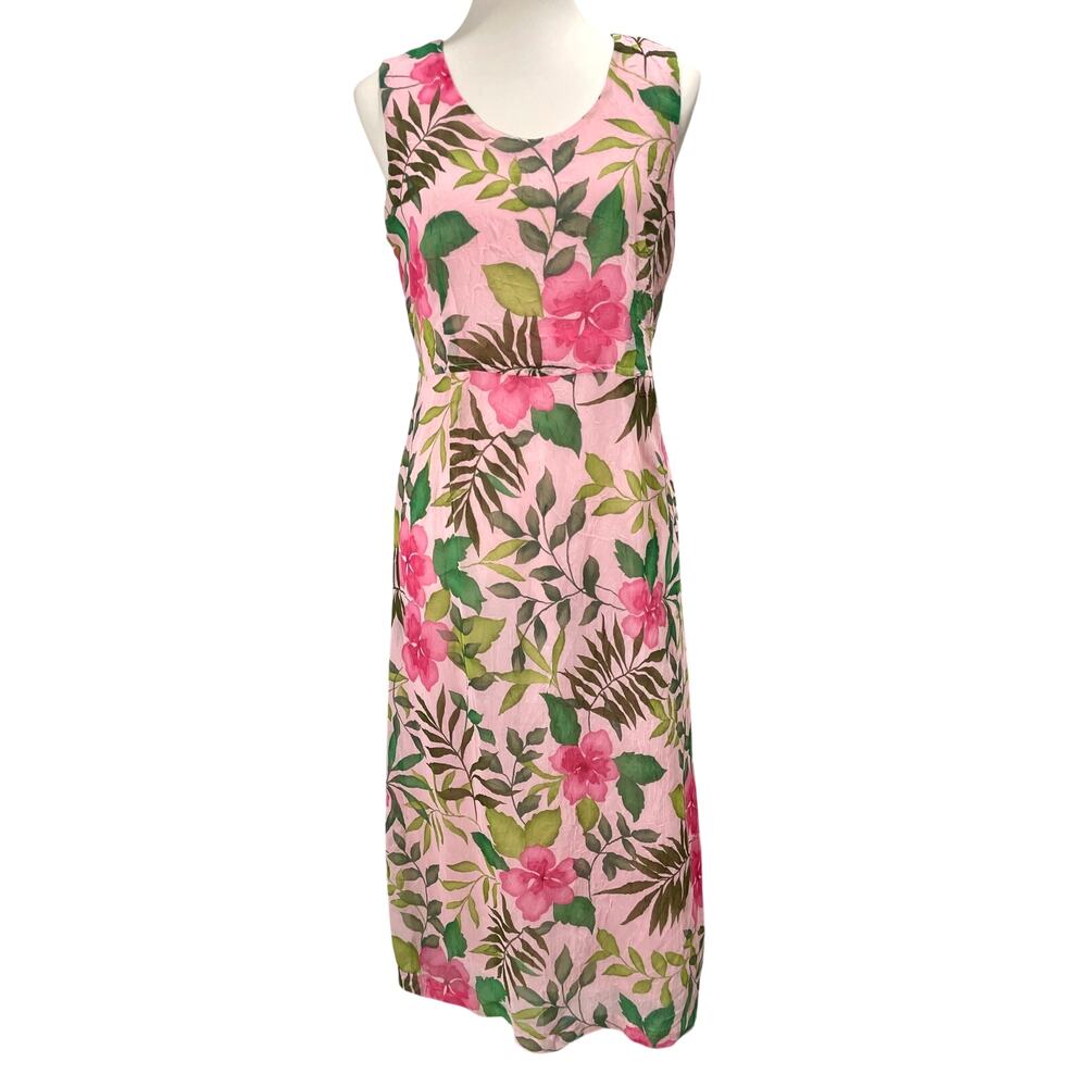Vintage 90s y2k Pink Floral Midi Sheath Dress Sleeveless Size 10P Karin Stevens